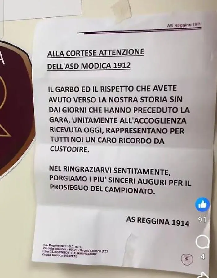 Dopo Modica-Reggina a trionfare &egrave; il fair play e il rispetto